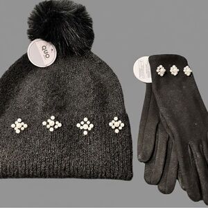 NWT Black Beanie and Gloves with Pearl Details
